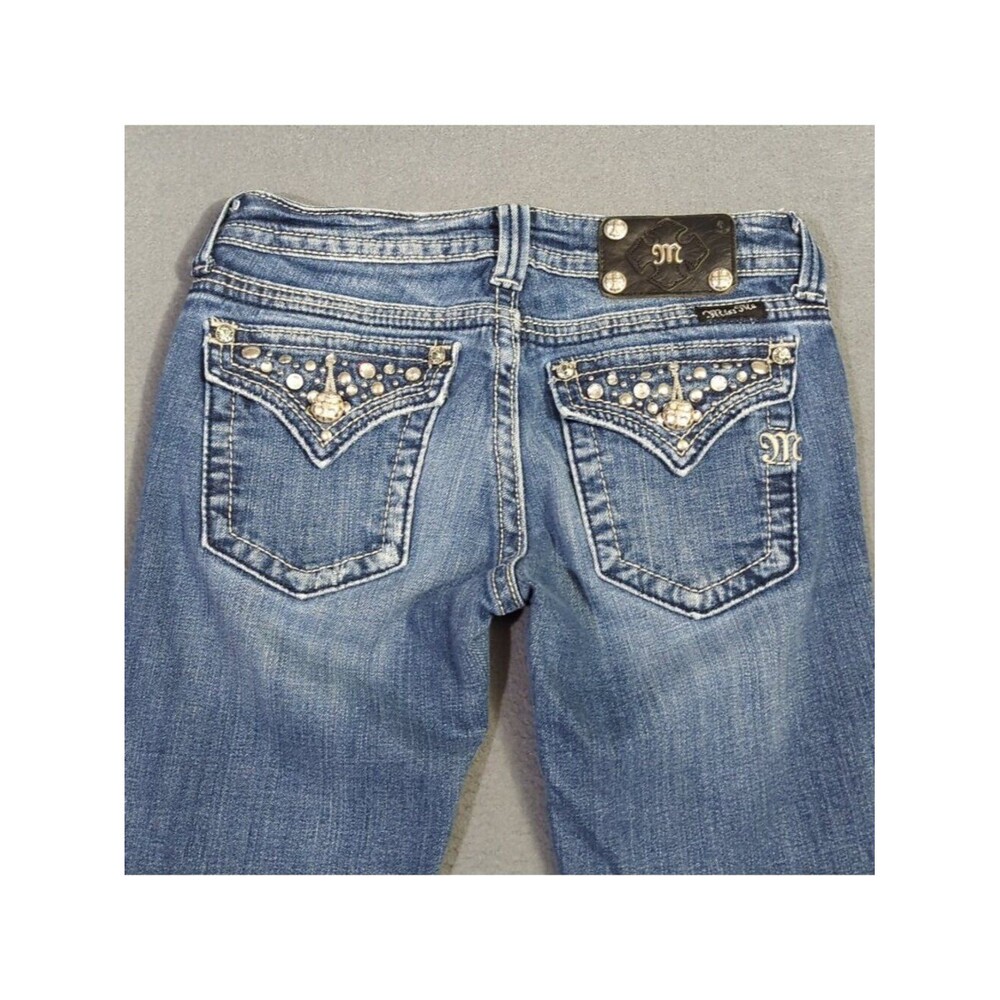 Miss Me Jeans Women's 27 Blue Straight Denim Embellished Flap Pockets